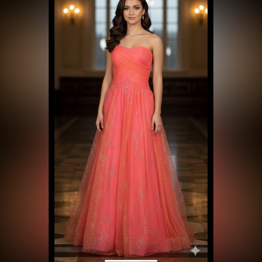 HAILEY Logan Adriana Papel Flamingo pink Prom strapless Dress 3/4 basque waist